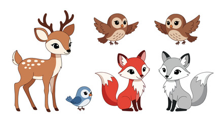 Obraz premium Adorable Cartoon Forest Animals: Deer Foxes Owls and Bird.