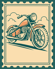 Vintage motorcycle illustration on a postage stamp with a classic design and decorative border
