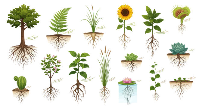 Diverse Plant Root Systems Illustration for Botanical Study.