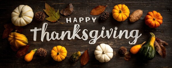 Happy Thanksgiving text with pumpkins and leaves over dark wood background. MZ 
