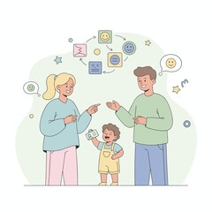 Happy family communicating child proudly shows a card Emotional development connection and growth