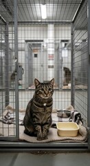 Tabby Cat Waiting for Adoption in Shelter Cage.