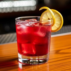 Refreshing Cranberry Cocktail with Lemon Twist on Bar.