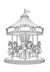 Detailed black and white line art illustration of a classic carnival carousel featuring several ornate, saddled horses under a decorative striped canopy roof.