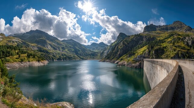 Azure lake waters backed by mountainous terrain with clear sky and sun above