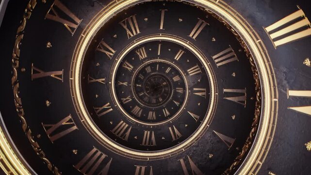 Vintage infinite spiral clock. Looping seamless 3d animation