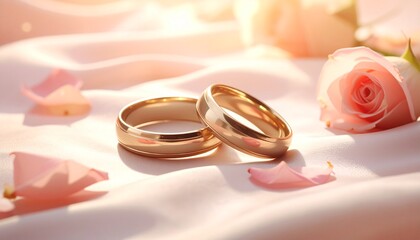 Golden wedding rings nestled on soft pink satin with delicate rose petals scattered around, symbolizing love and commitment