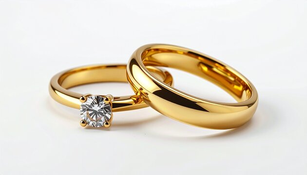 Elegant pair of gold wedding rings, one plain band and one engagement ring with a sparkling diamond, symbolizing love and commitment