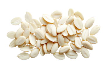 Heap of blanched almonds, pale ivory against a stark, seamless background