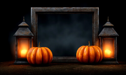 Obraz premium Spooky Autumn Decor with Pumpkins and Lanterns for Halloween Background