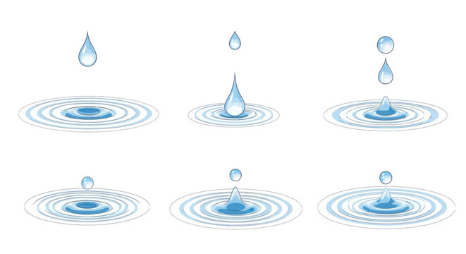 Set of six realistic blue water drop splash animations with concentric ripples on a liquid surface.
