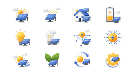 Fototapeta premium Collection of Solar Panel Icons Representing Renewable Energy Sources.