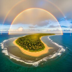 Tropical Island Paradise - Rainbow Over Lush Greenery and Turquoise Waters.