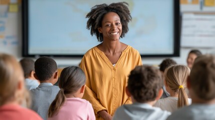 A joyful teacher stands in front of her class, smiling as she connects with students. Kids are engaged, eager to learn and participate in the lesson