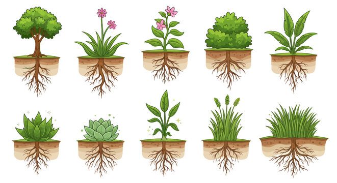 Collection of Diverse Cartoon Plants with Exposed Root Systems in Soil.