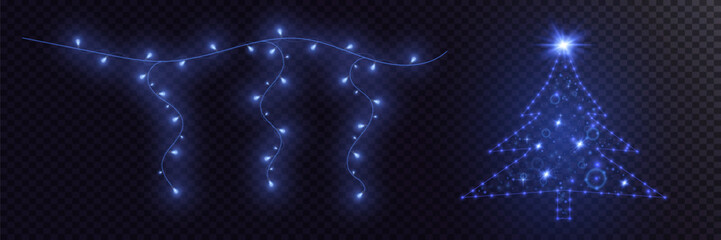Glowing Christmas tree and decorative garlands on a transparent background
