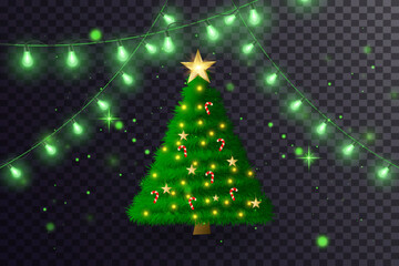 Merry Christmas and Happy New Year greeting card with a glowing Christmas tree and gifts. Vector.