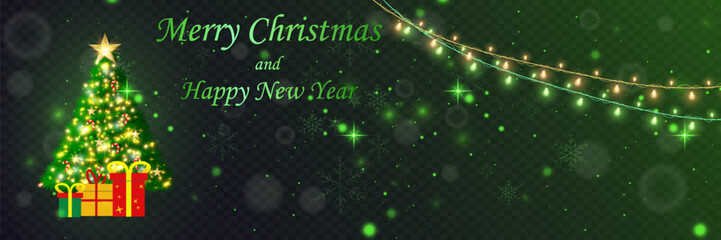 Merry Christmas and Happy New Year greeting card with a glowing Christmas tree and gifts. Vector.