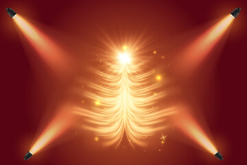 Glowing Christmas tree with festive lights on red background