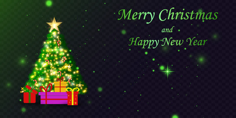 Merry Christmas and Happy New Year greeting card with a glowing Christmas tree and gifts. Vector.