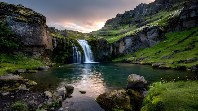 A waterfall cascades over mossy rocks into a serene pool, surrounded by green hills and rugged cliffs at sunset. Concept Waterfall, Mossy rocks, Serene pool, Sunset hues, Green hills