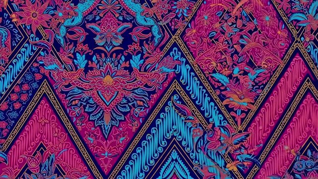 Vibrant traditional textile pattern with intricate floral and bird motifs in shades of pink, blue, and gold on a dark background