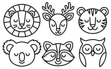 Fototapeta premium Adorable black and white vector illustrations of six cute animals, including a lion, deer, tiger, koala, raccoon, and owl. Perfect for children's designs and crafts