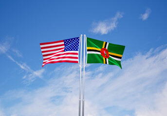 flags of  dominica and United States of America over blue sky background.