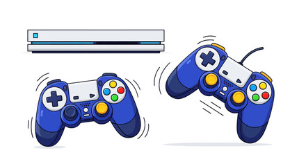 Two blue video game controllers and a white console. © Il