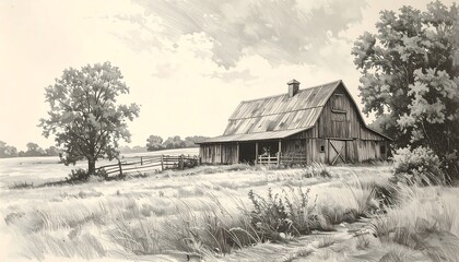 A monochrome drawing depicts an aged, weathered barn nestled amidst a grassy field with trees under a cloudy sky. A sense of rural serenity is conveyed