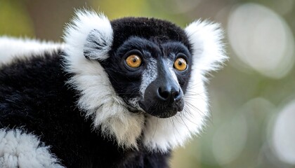 Fototapeta premium A detailed close-up portrait of a primate with striking black and white fur and large, amber-colored eyes, blending into the background