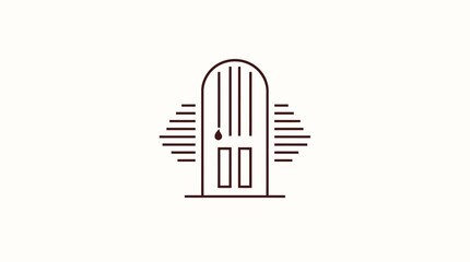 Simple brown line drawing of a stylized arched door with radiating lines.