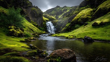 Moss-covered canyon with a cascading waterfall feeding a tranquil pool, surrounded by emerald hills and rugged rock walls. Concept Moss-covered canyon, Cascading waterfall into a tranquil pool