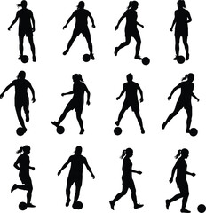 Soccer silhouette illustration, ball interaction poses, black and white design, athletic movement, sports technique, kicking and dribbling, football training concept