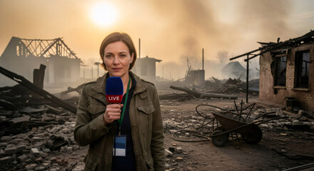 Woman reporter broadcasting live news from a conflict zone. Journalist reporting tragic event aftermath. War reportage and disaster coverage.