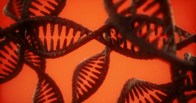 An artistic representation showcases the detailed structure of DNA, twisting and intertwining with a striking orange background. The vibrant colors emphasize the complexity of genetic material.