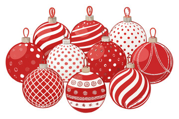A collection of ten red and white christmas ornaments with various patterns and designs displayed together