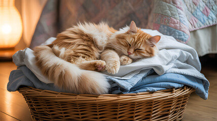 Orange Tabby Cat Sleeping on Laundry Basket in Cozy Bedroom