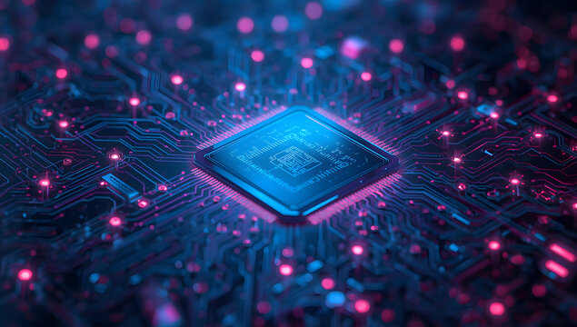 Blue computer circuit board background with electronic components, microchips, and a processor for digital technology and data hardware