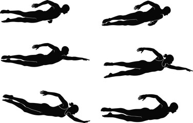 Swimming motion, freestyle stroke, silhouette sequence, swim technique, goggles, swim cap, aquatic movement, body position, sports illustration, black and white, swimmer pose, swim cycle,
