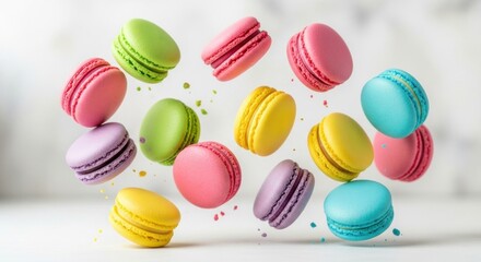 Obraz premium A colorful array of macarons flying in the air against a white background.