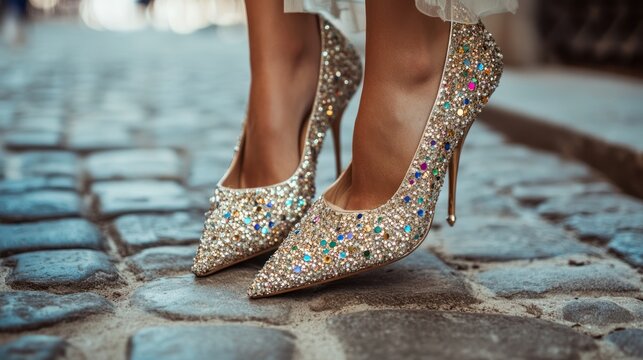 Glamorous Sparkling High Heels with Multicolored Gems on Cobblestone, Evoking Celebration.
