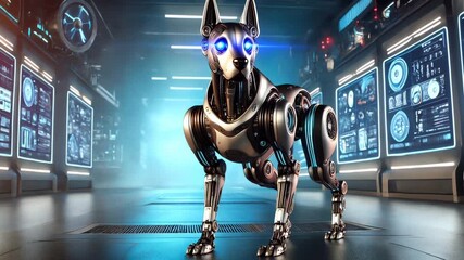 Video of dog-shaped robot with metallic armor and glowing eyes stands in a high-tech futuristic space.
 - Powered by Adobe