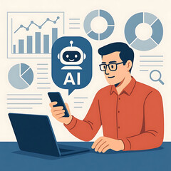 Man using smartphone and laptop to interact with AI assistant chatbot for data analysis. Concept of artificial intelligence, big data, analytics, business insight, and smart technology integration Vec