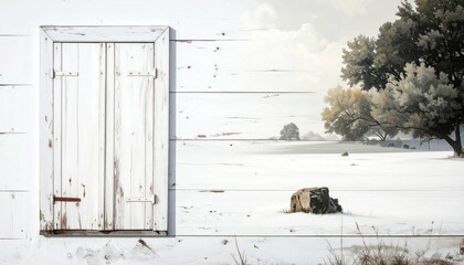 Rustic White Window Shutters on Weathered Wall Overlooking Snowy Field with Bare Trees in Winter Landscape Under Soft Cloudy Sky