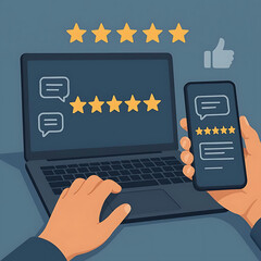 Close-up of hands using laptop and smartphone, with floating five-star rating and feedback icons. Concept of online review, customer satisfaction, service rating and digital user experience. Vector il