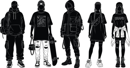 Urban streetwear silhouette illustration, hoodie and cargo pants, skateboard and camera, braided hair, graphic tee, youth fashion, black and white sketch