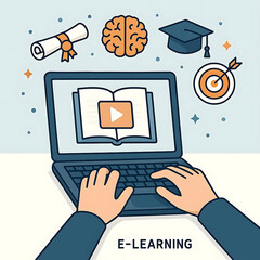 Online education and digital learning concept. Hands typing on a laptop with education icons such as diploma, brain, and target, ideal for e-learning platforms, digital skill development Vector illust