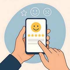 Close-up of a person using a smartphone to leave a five-star review with digital rating icons, concept of customer satisfaction, feedback, online reputation and user experience. Vector illustration