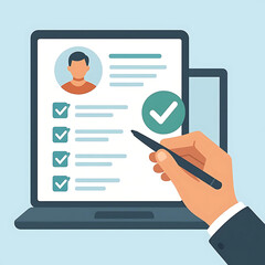 Hand holding stylus pointing at virtual candidate profile with checklist and approval icons on laptop screen, concept of human resources, recruitment process, employee evaluation and selection system.